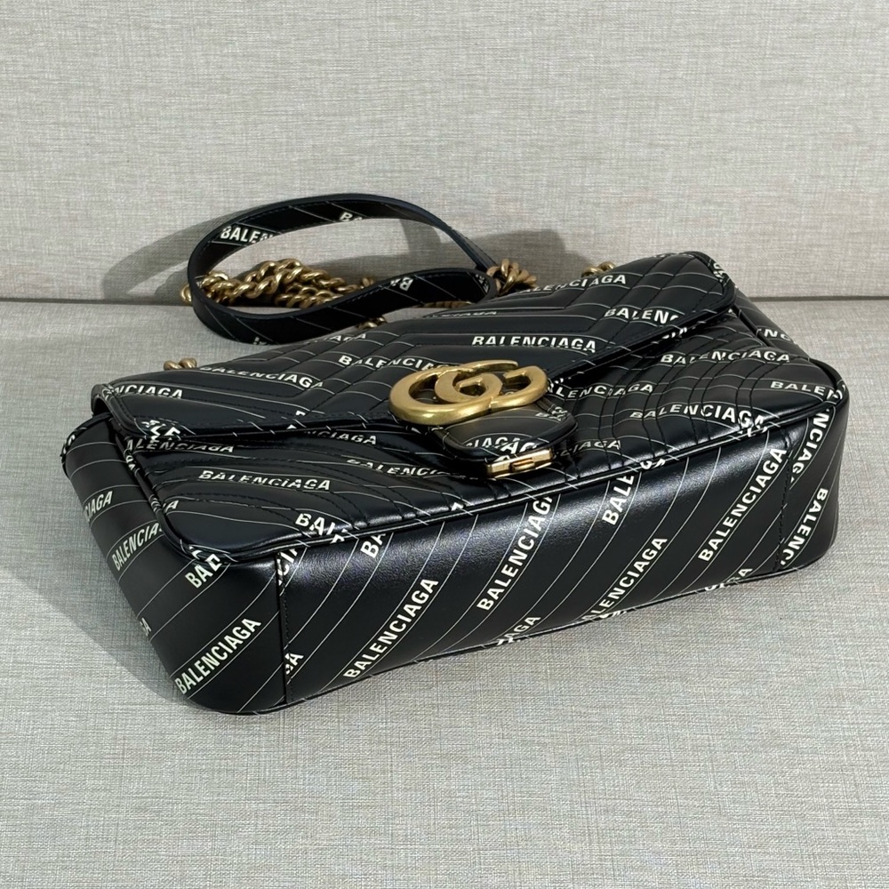 GUCCI Black Leather GG Marmont Shoulder Bag with Balenciaga Print Medium GHW - Picture 5 of 17